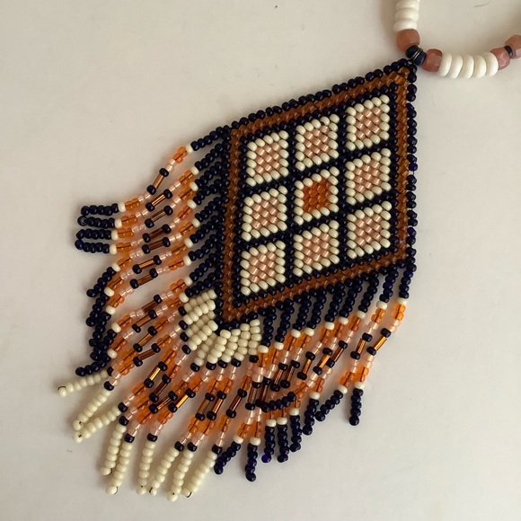 Sunstone and bone bead tribal pendant necklace in cream, royal blue - Picture 2 of 7